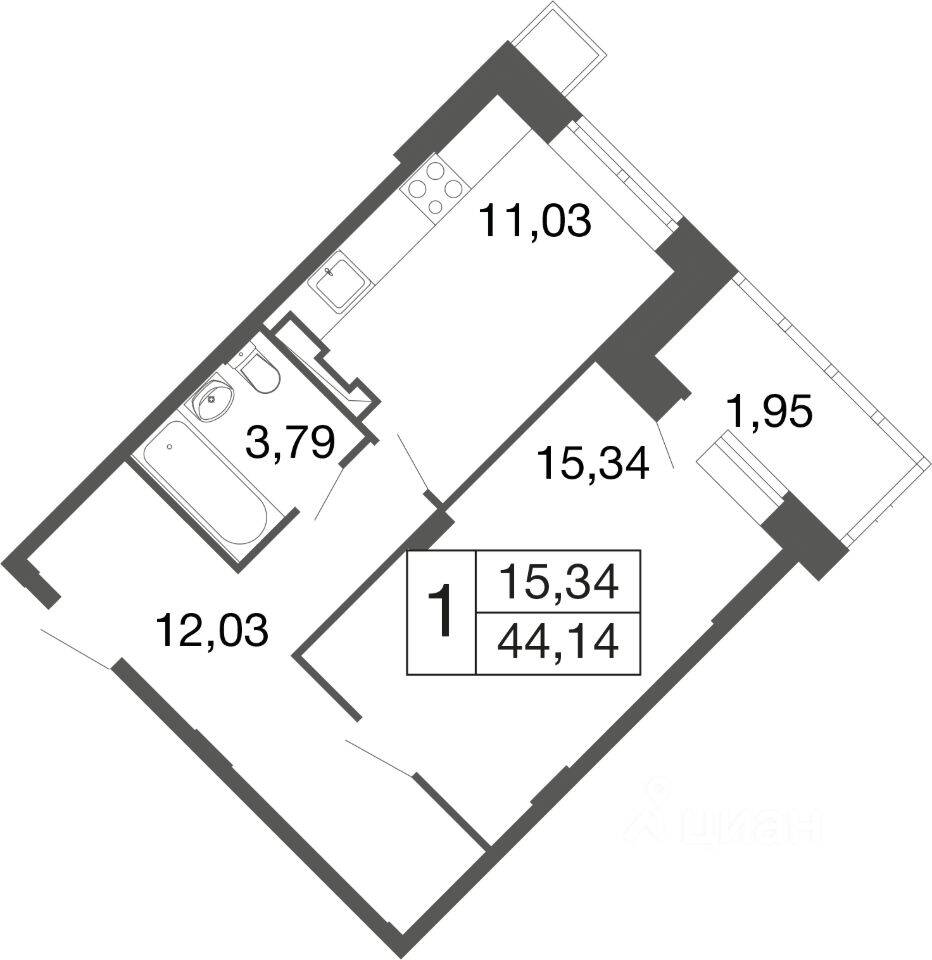1-комн. квартира, 44,1 м², в ЖК «Времена года»