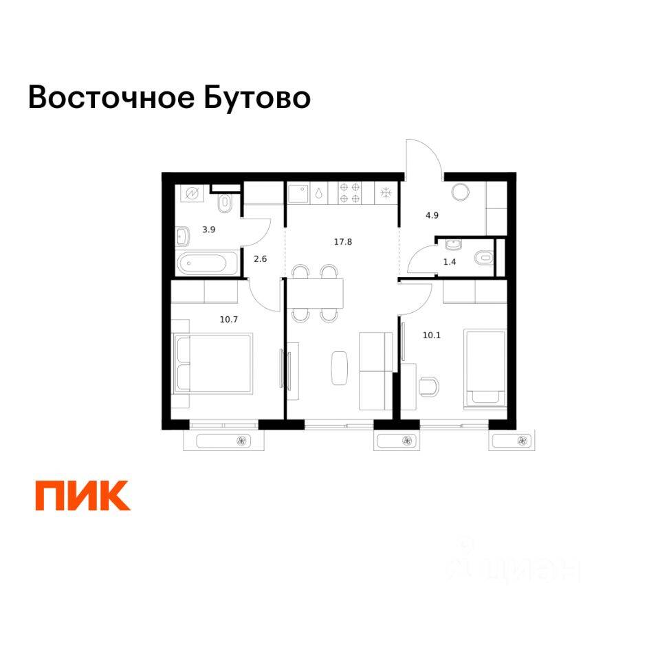 2-комн. квартира, 51,4 м², в ЖК «Восточное Бутово»