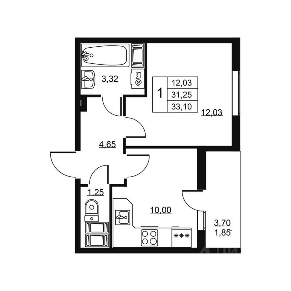 1-комн. квартира, 33,1 м², в ЖК «Высота» (Бугры)