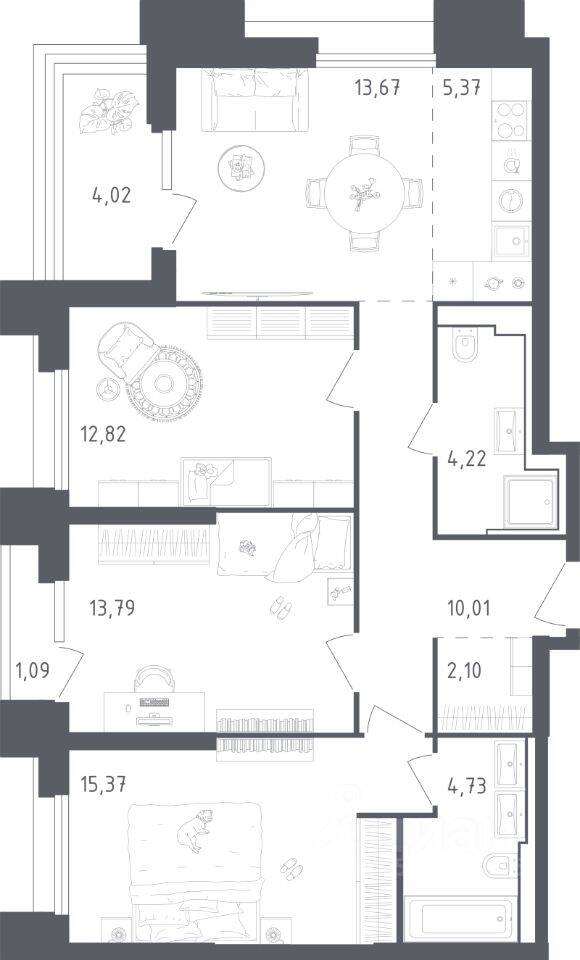 3-комн. квартира, 87,19 м², в Апарт-комплекс Sky Sputnik