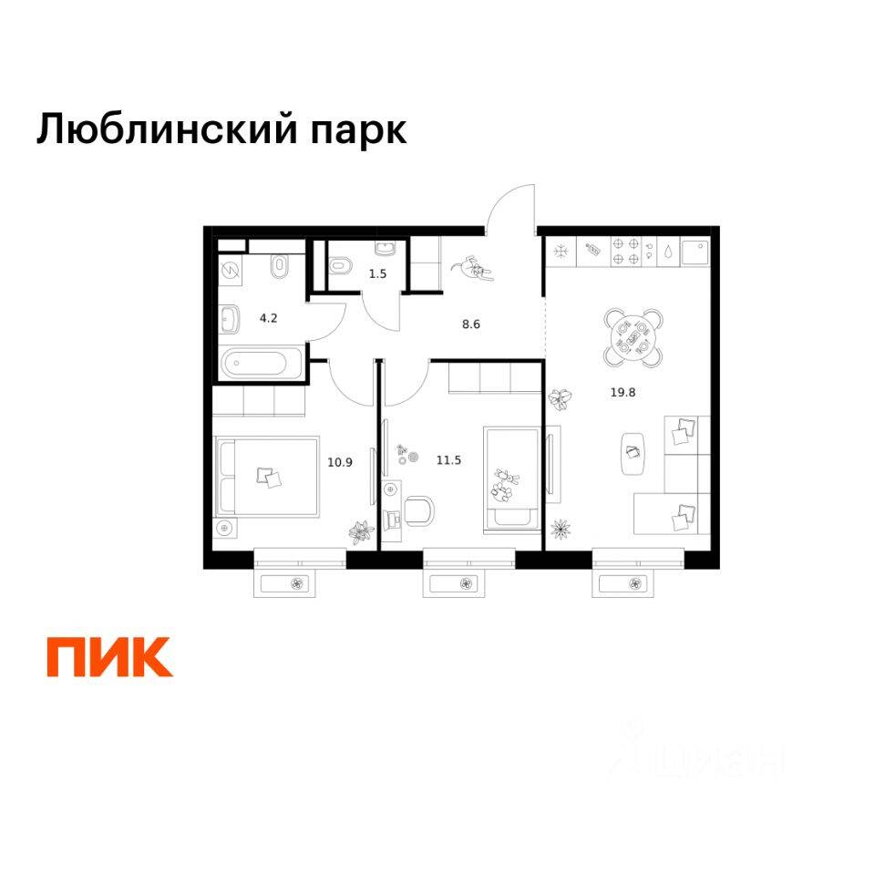 2-комн. квартира, 56,5 м², в ЖК «Люблинский парк»