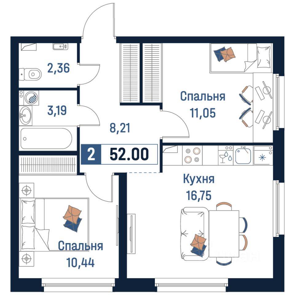 2-комн. квартира, 52 м², в ЖК Максималист