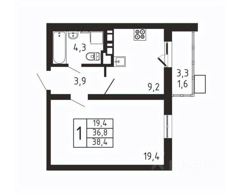 1-комн. квартира, 38,4 м², в ЖК «Пироговская Ривьера»