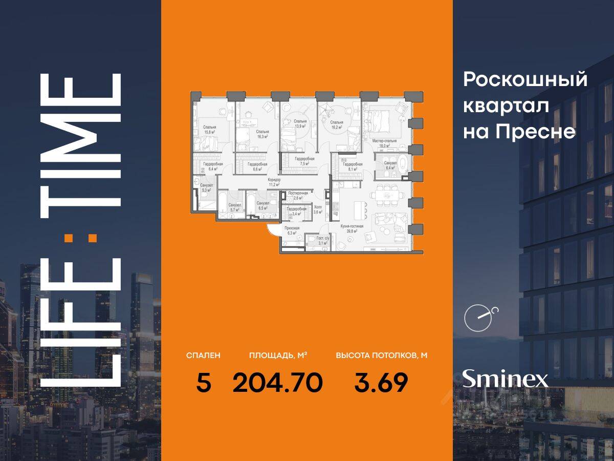 5-комн. квартира, 205 м², в ЖК Квартал Life Time