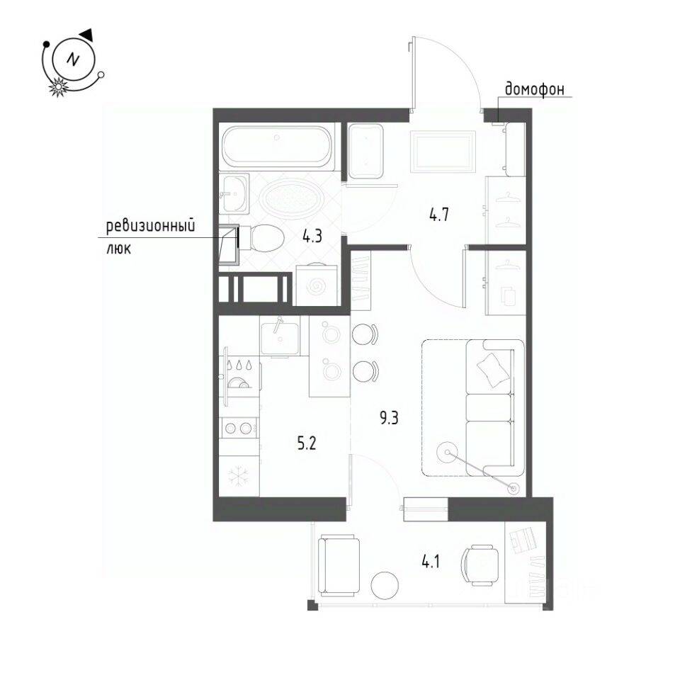Квартира-студия, 24,6 м², в ЖК Монография