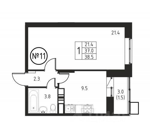 1-комн. квартира, 38,5 м², в ЖК Космос