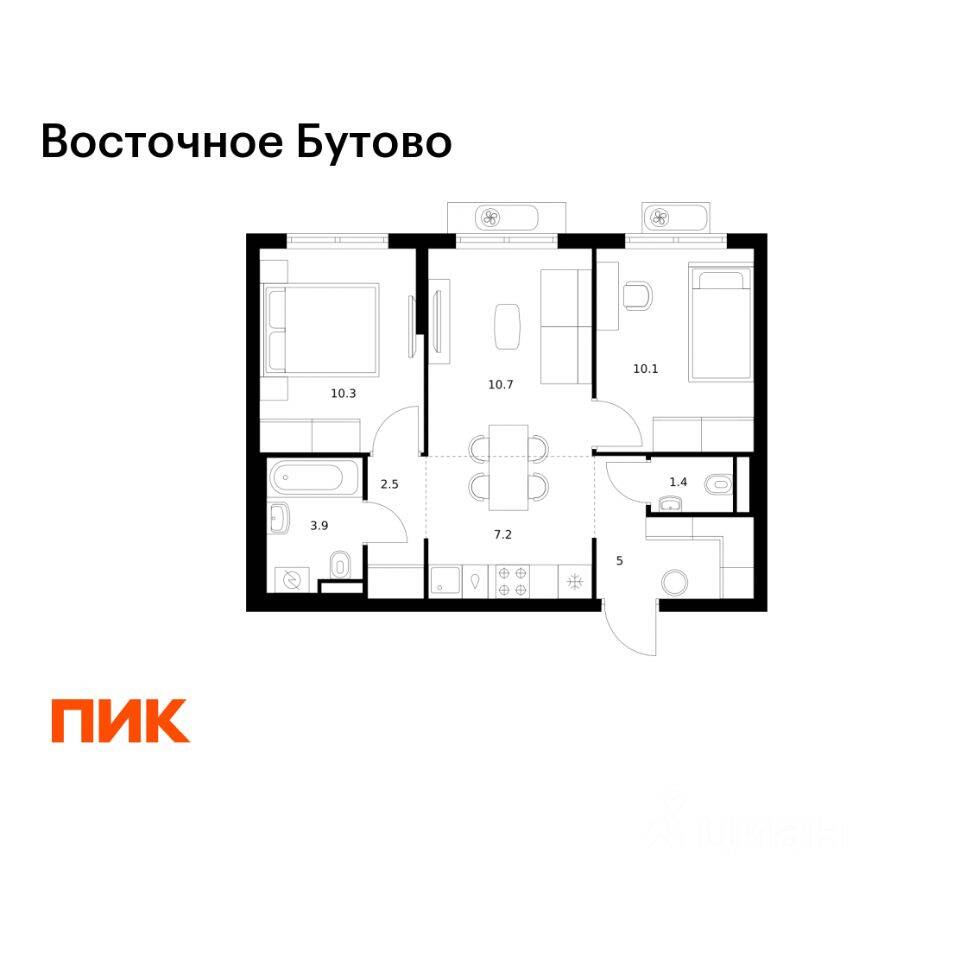 2-комн. квартира, 51,1 м², в ЖК «Восточное Бутово»