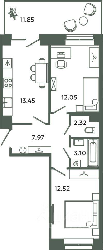 2-комн. квартира, 51,41 м², в ЖК Загляденье