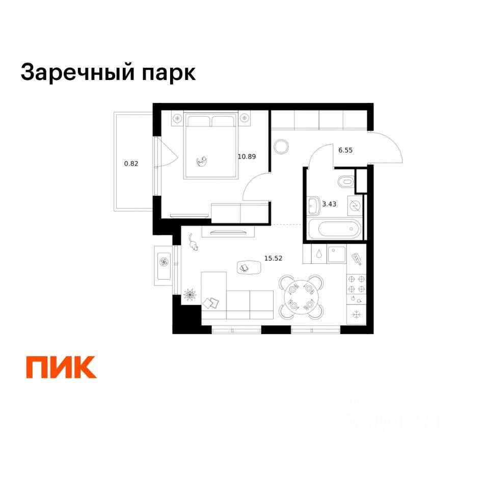 1-комн. квартира, 37,21 м², в ЖК Заречный парк