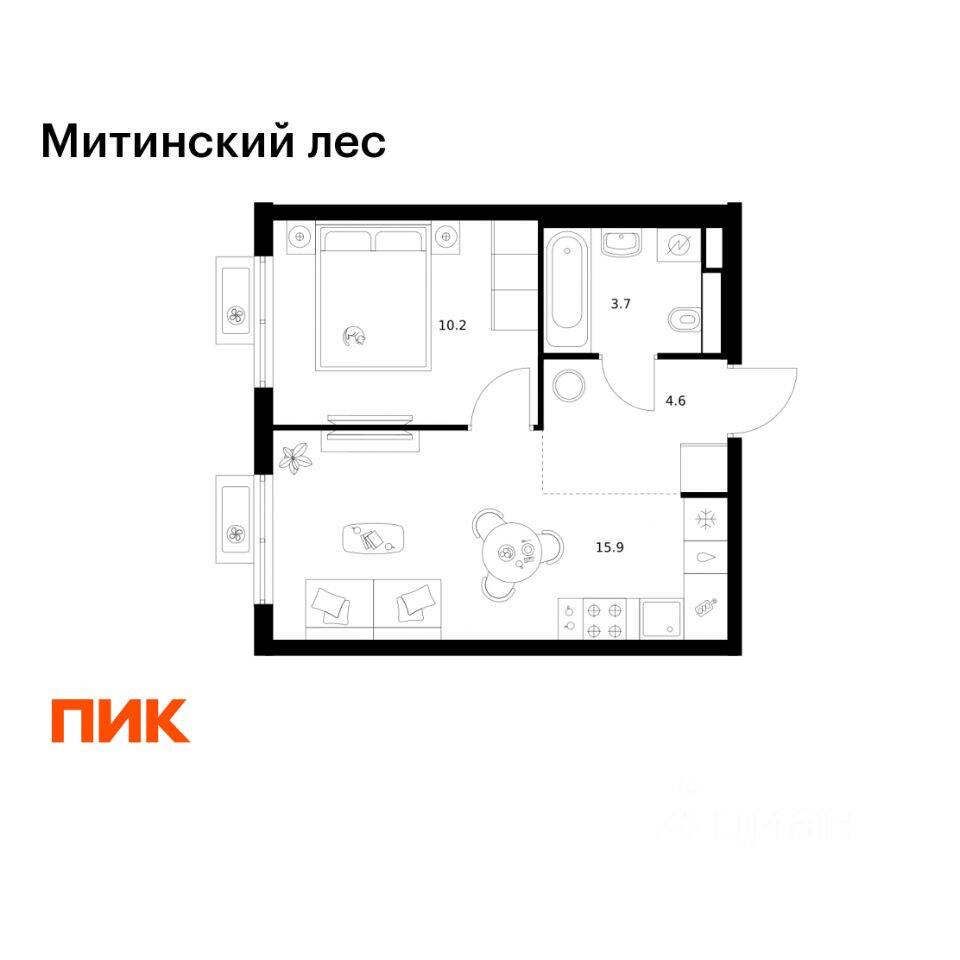 1-комн. квартира, 34,4 м², в ЖК Митинский лес