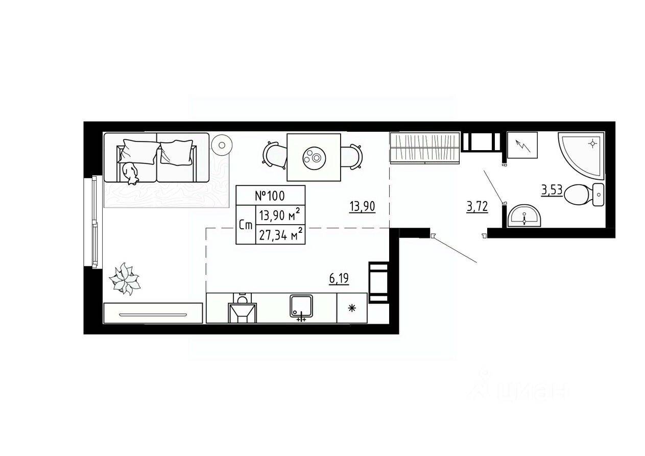 Квартира-студия, 27,34 м², в Малоэтажный ЖК Аннино Сити