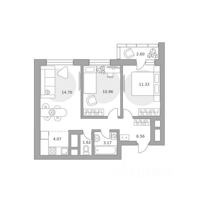 3-комн. квартира, 55,01 м², в ЖК Ильинойс
