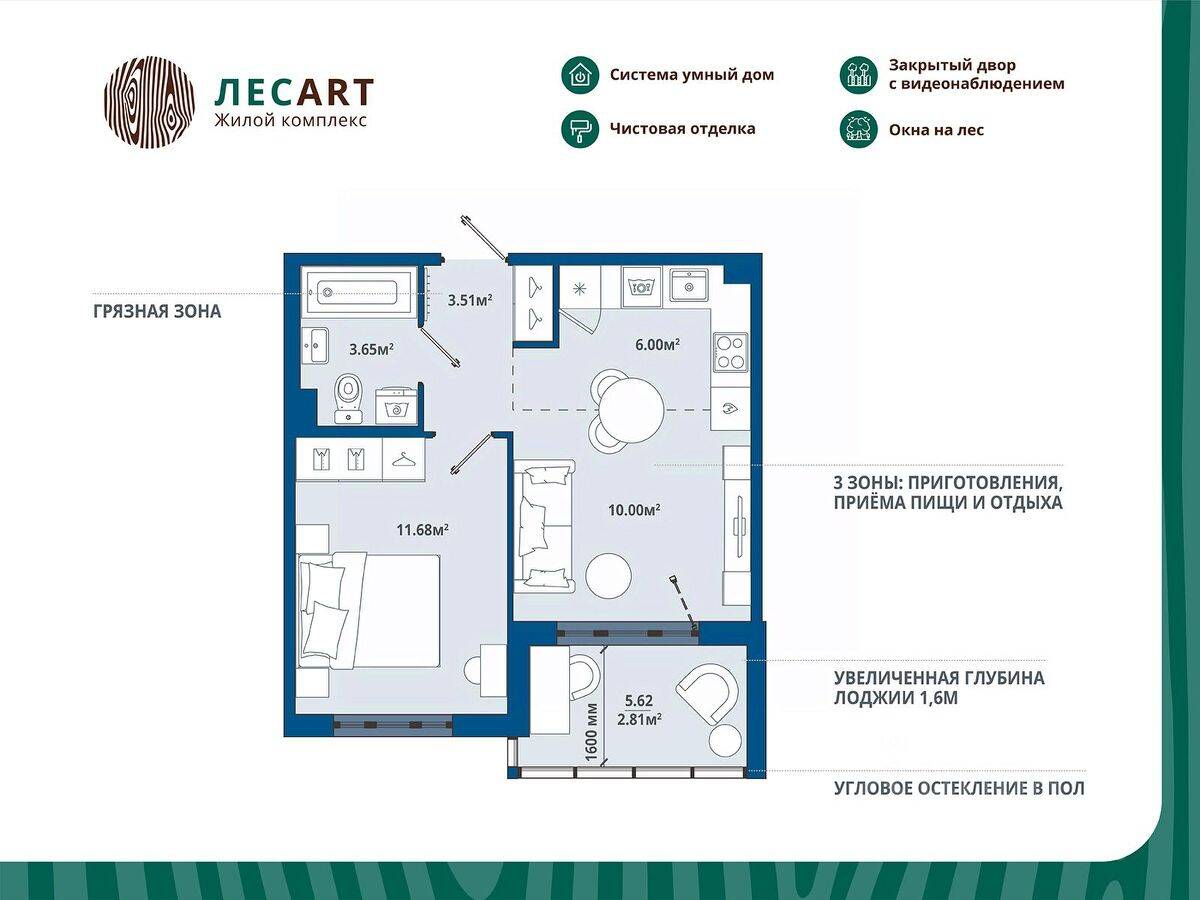 1-комн. квартира, 37,65 м², в ЖК ЛесART