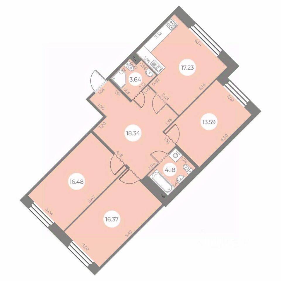 3-комн. квартира, 89,83 м², в ЖК «Огни Залива»