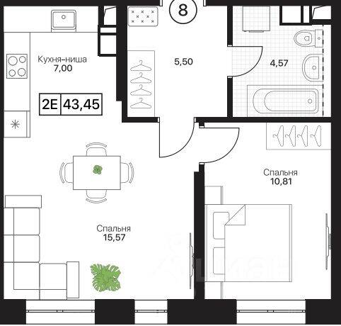 2-комн. квартира, 43,45 м², в ЖК Пушкино Град