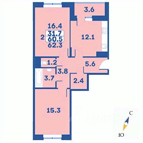 2-комн. квартира, 62,3 м², в ЖК «Эдельвейс» (ЦентрСтрой)