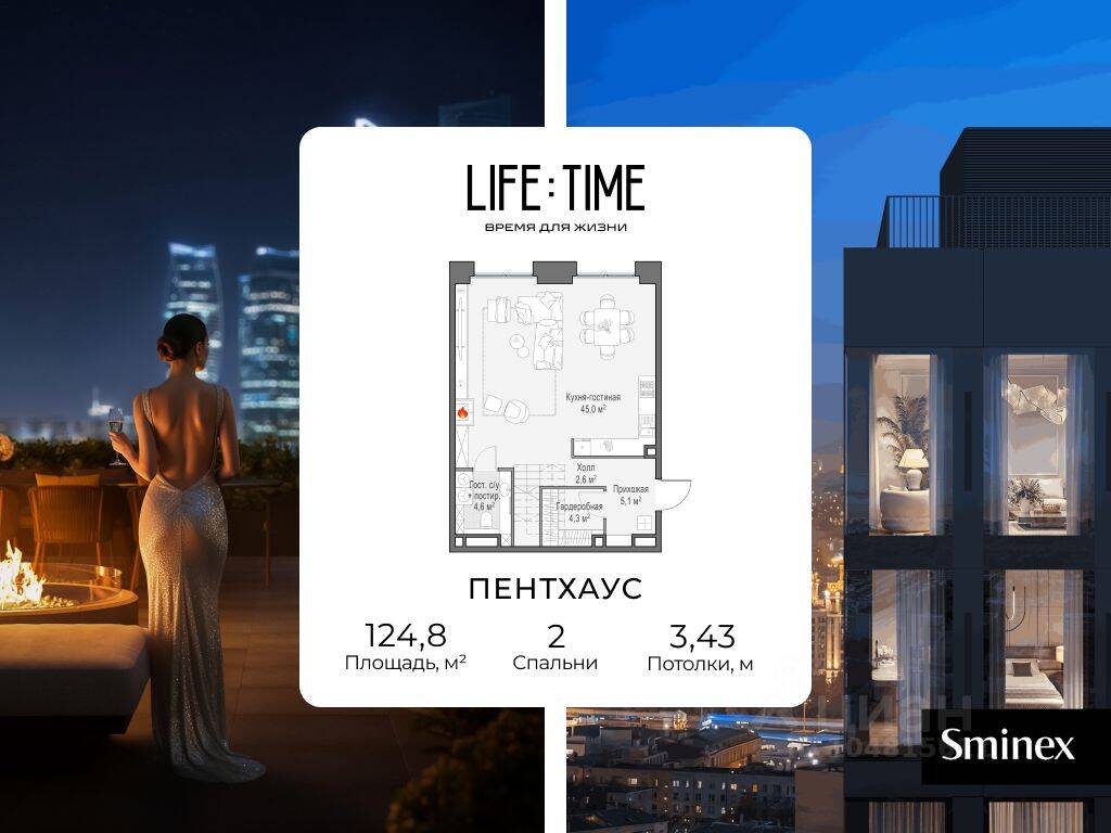 Планировка 2 комнатной квартиры, 125 м², в «Квартал Life Time»