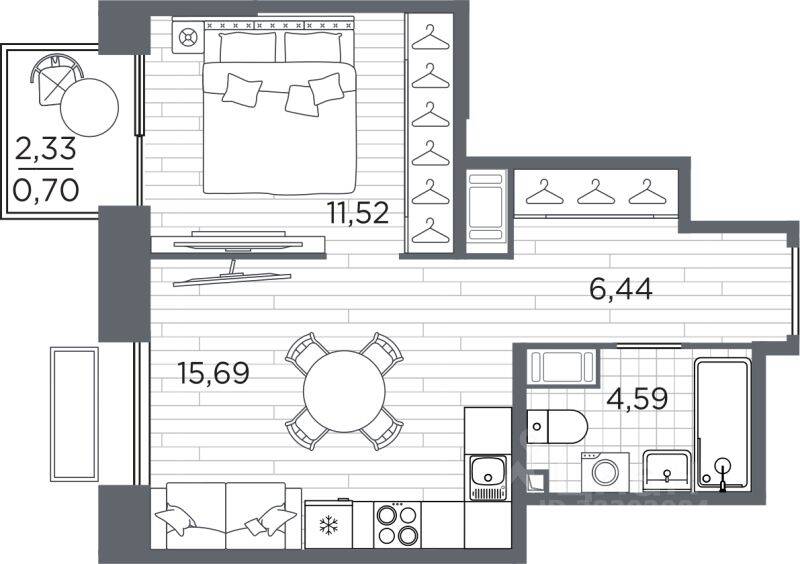 1-комн. квартира, 38,94 м², в ЖК Respect
