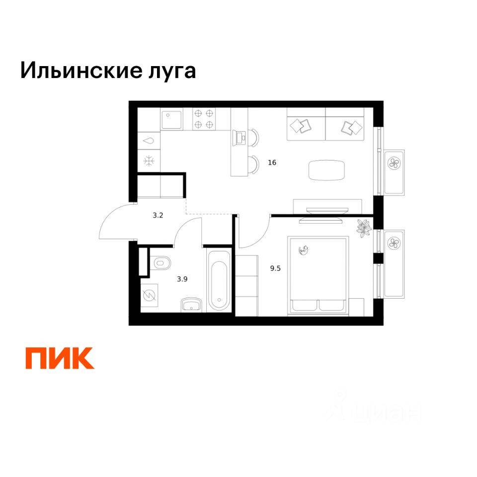 1-комн. квартира, 32,6 м², в ЖК «Ильинские луга»