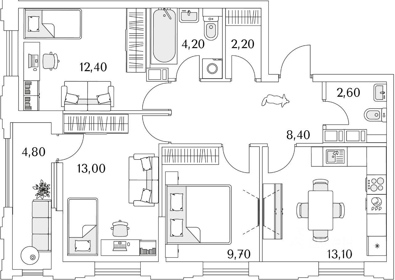 3-комн. квартира, 68,6 м², в ЖК Тайм Сквер
