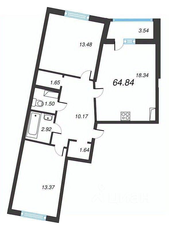 3-комн. квартира, 64,84 м², в ЖК Левитан