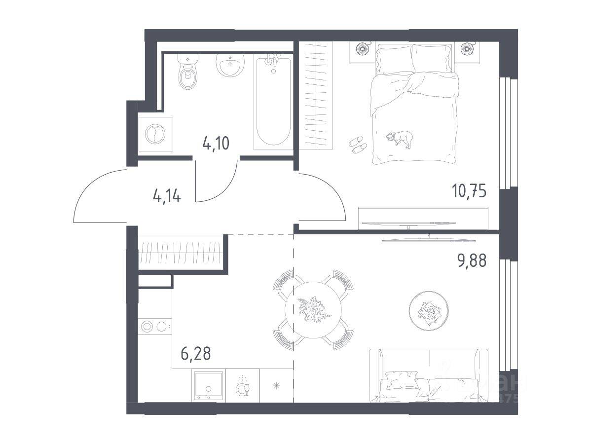 1-комн. квартира, 35,15 м², в ЖК «Пригород Лесное»