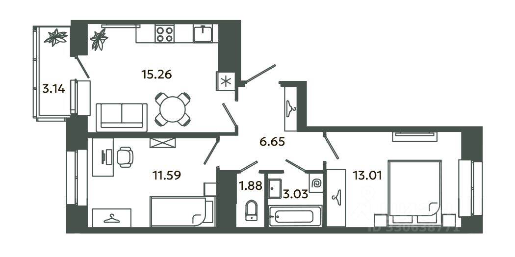 2-комн. квартира, 51,42 м², в ЖК Загляденье