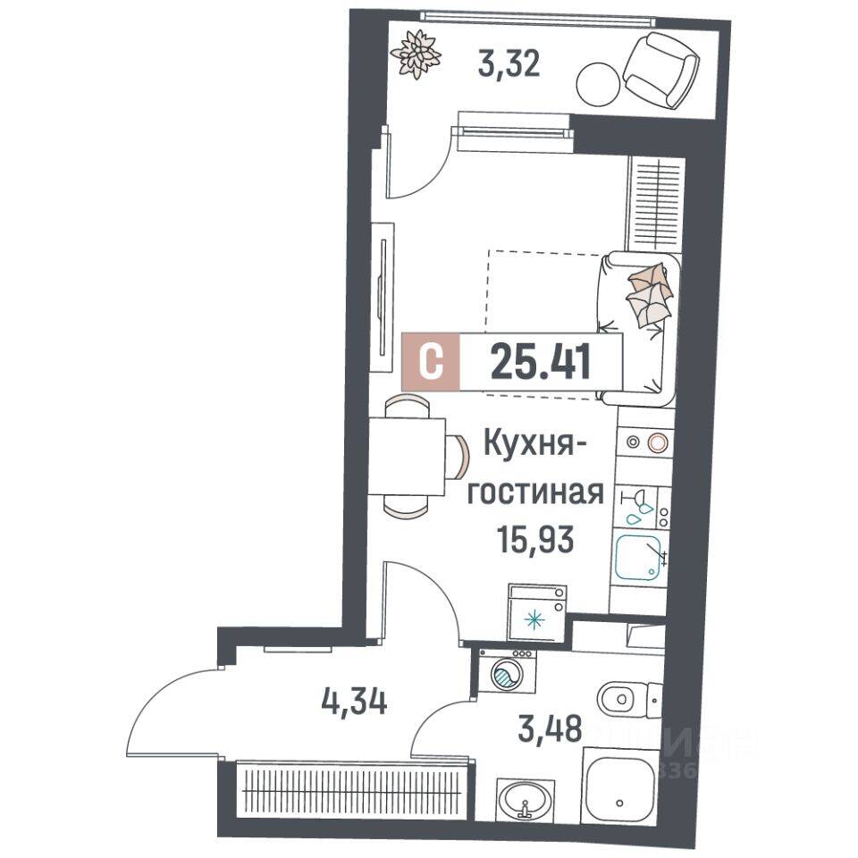Квартира-студия, 25,41 м², в ЖК «Авиатор» (Девяткино)