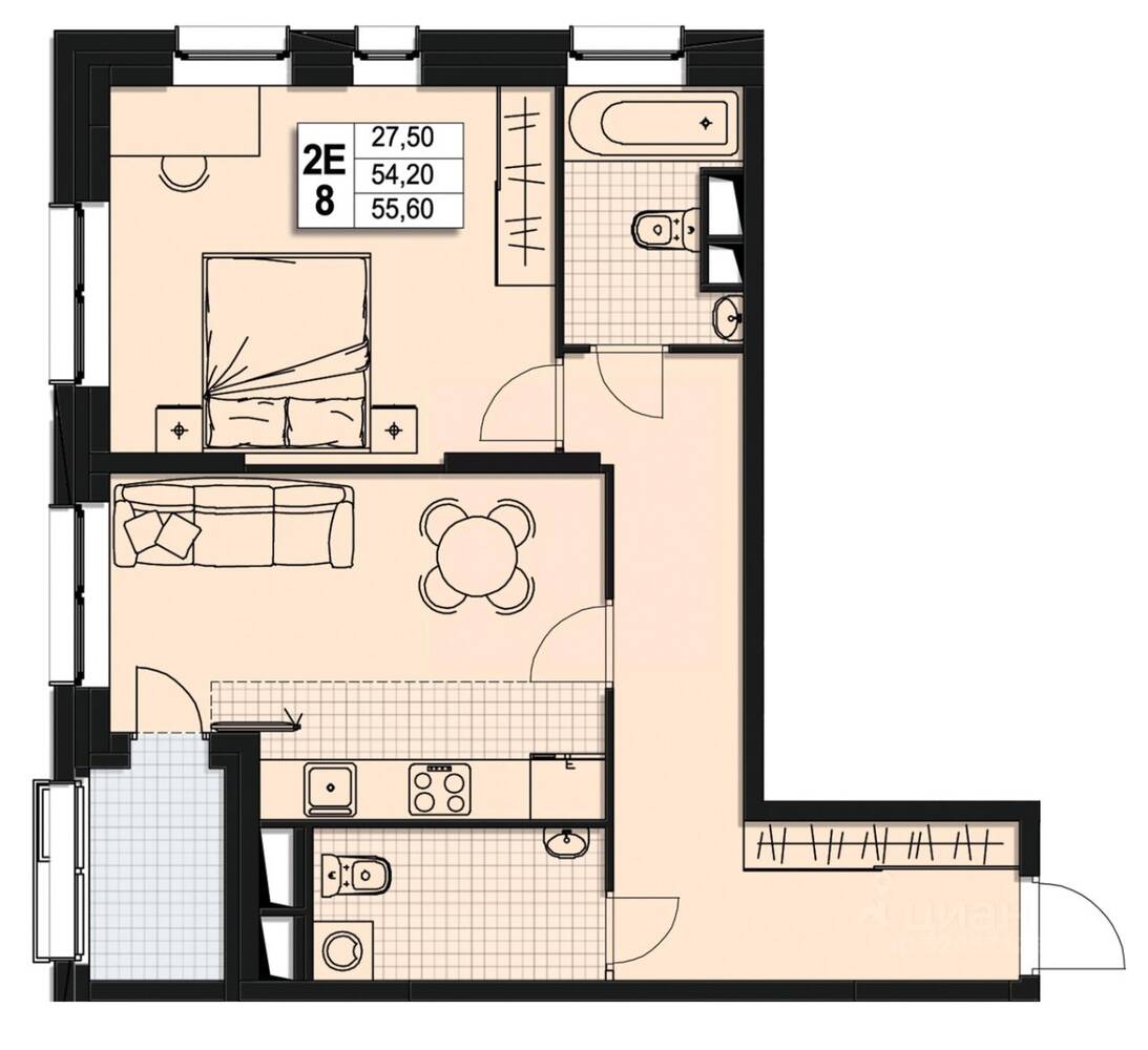 2-комн. квартира, 53,7 м², в ЖК Атлантис
