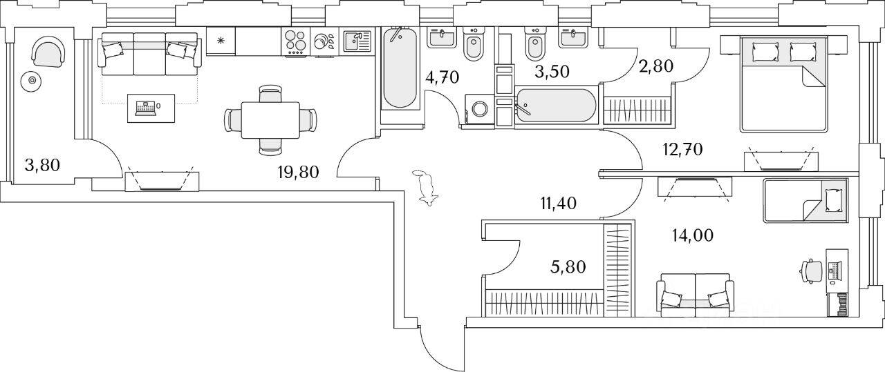 2-комн. квартира, 76,7 м², в ЖК Тайм Сквер