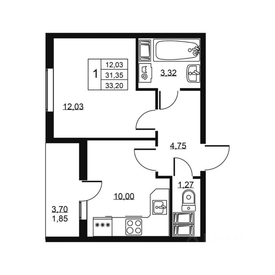 1-комн. квартира, 33,2 м², в ЖК «Высота» (Бугры)