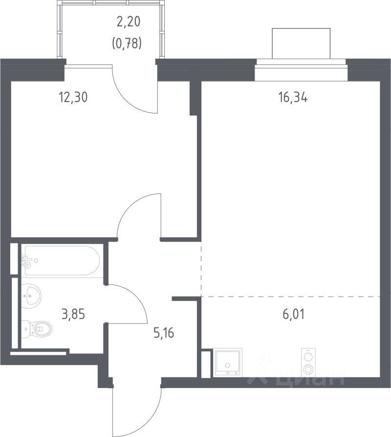1-комн. квартира, 44,44 м², в ЖК Богдановский Лес
