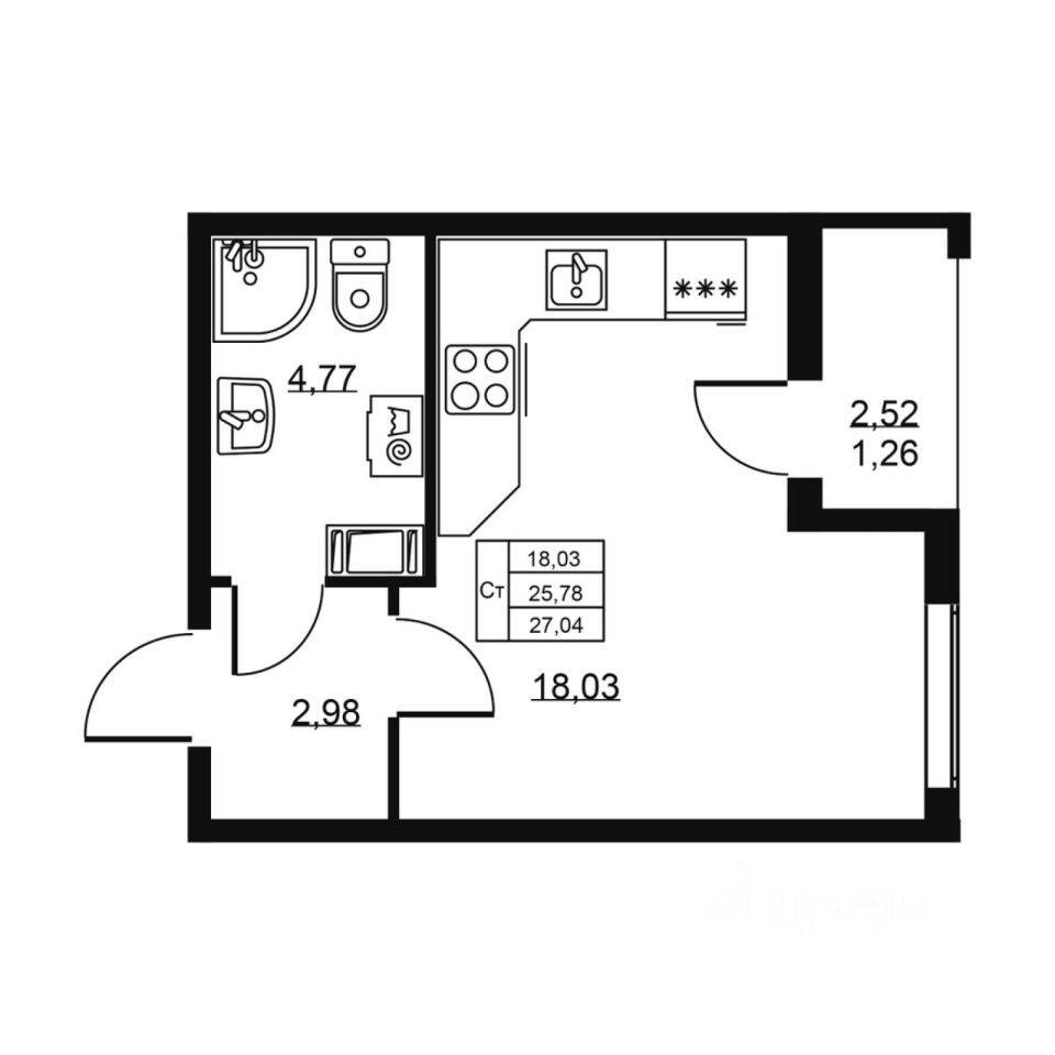 Квартира-студия, 27,04 м², в ЖК «Высота» (Бугры)