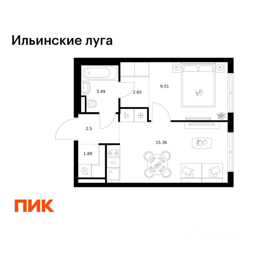 1-комн. квартира, 35,4 м², в ЖК «Ильинские луга»