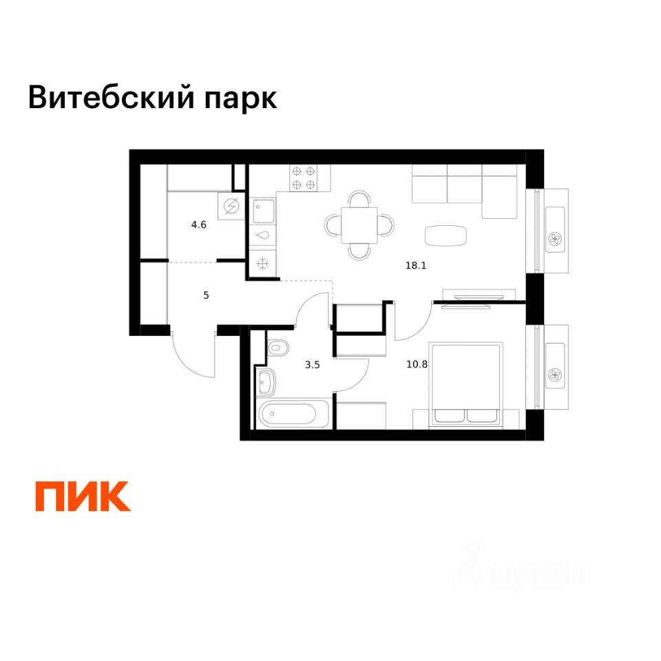 1-комн. квартира, 42 м², в ЖК Витебский парк