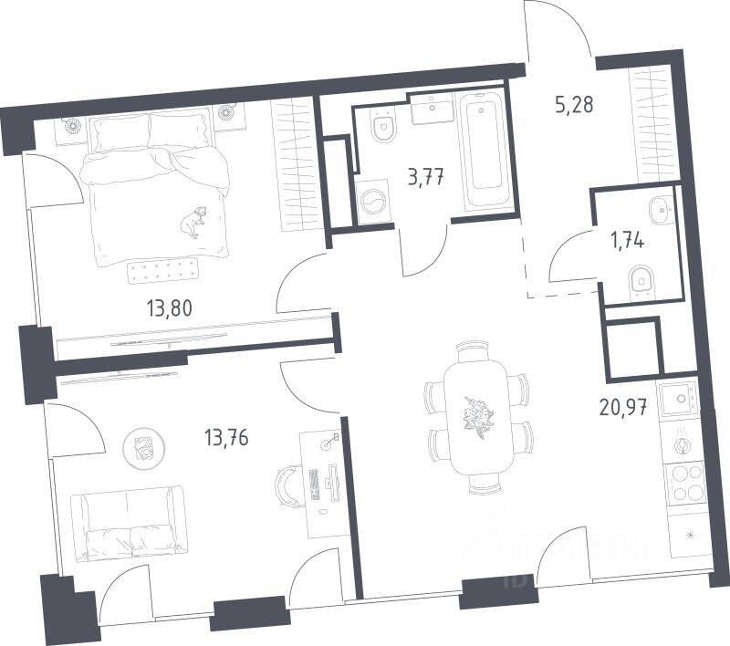 2-комн. квартира, 59,32 м², в ЖК Квартал на воде