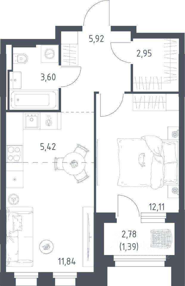 1-комн. квартира, 43,23 м², в ЖК Заречье Парк