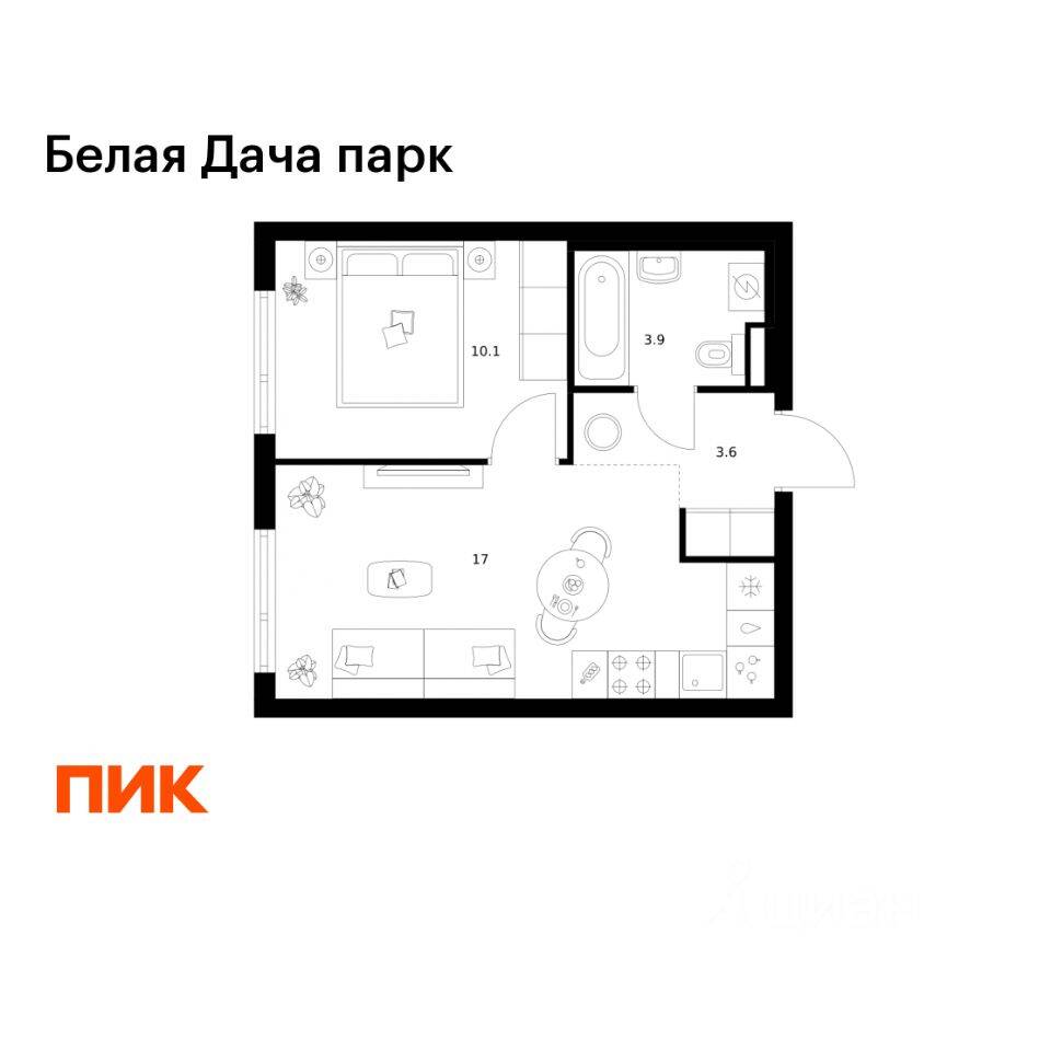1-комн. квартира, 34,6 м², в ЖК «Белая Дача парк»