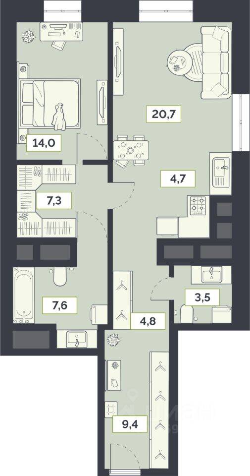 2-комн. квартира, 72 м², в ЖК «Лайм»