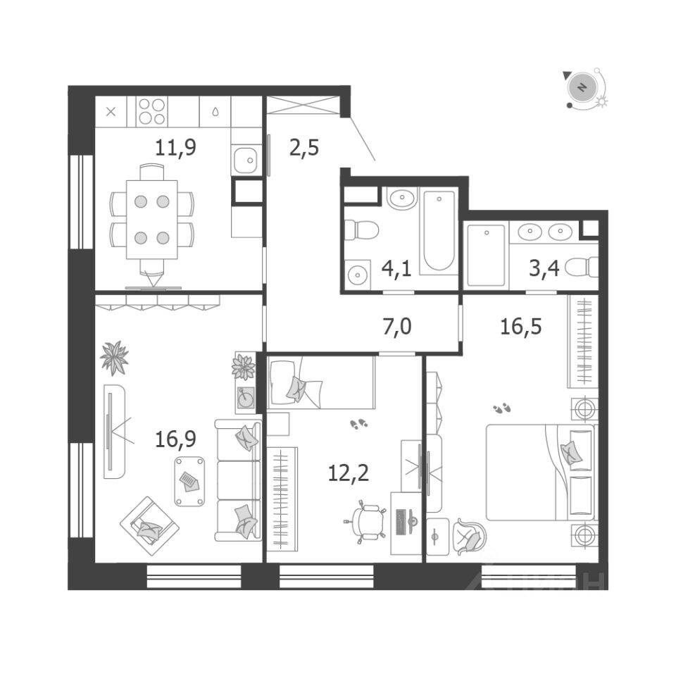 3-комн. квартира, 74,5 м², в ЖК Жилой квартал Shagal