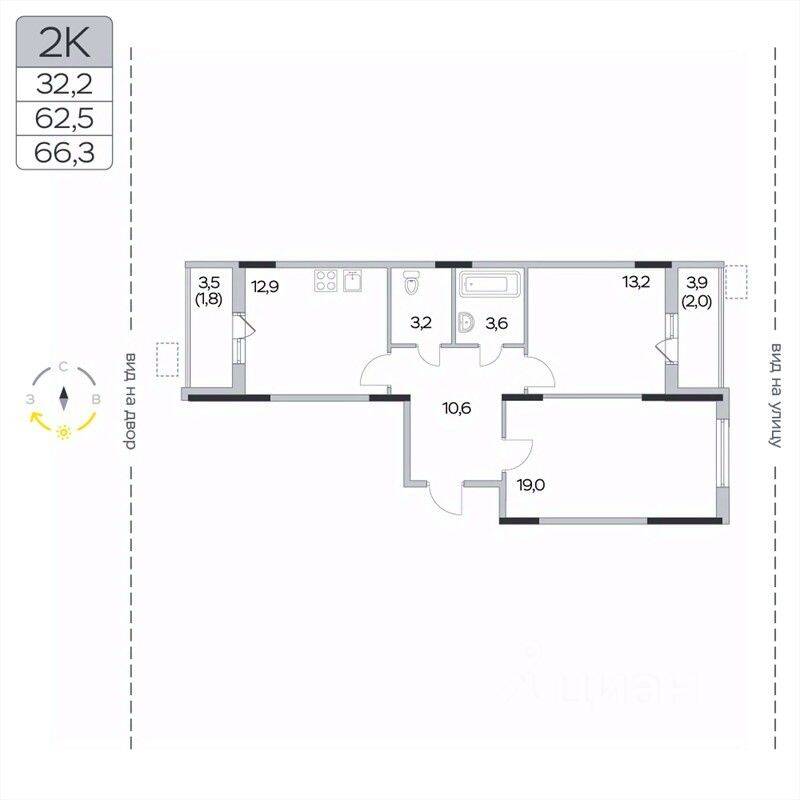 2-комн. квартира, 66,3 м², в ЖК «Пироговская Ривьера»