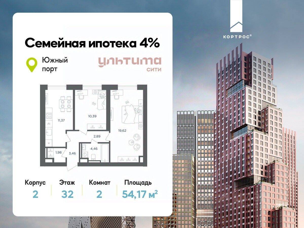 Планировка 2 комнатной квартиры, 54.17 м², в «УЛЬТИМА Сити»
