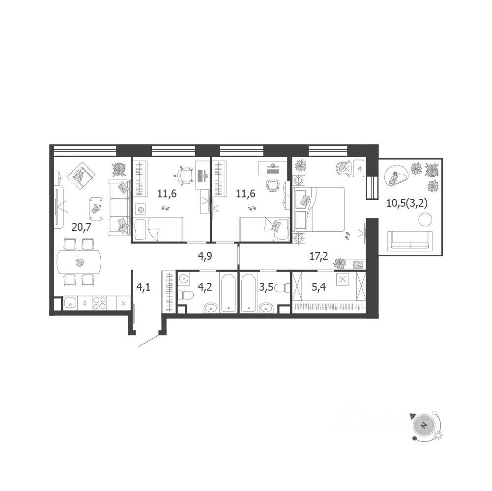 3-комн. квартира, 86,9 м², в ЖК Жилой квартал Shagal