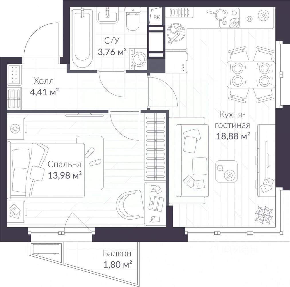 1-комн. квартира, 41,57 м², в ЖК ВЕРЕН НОРТ Сертолово
