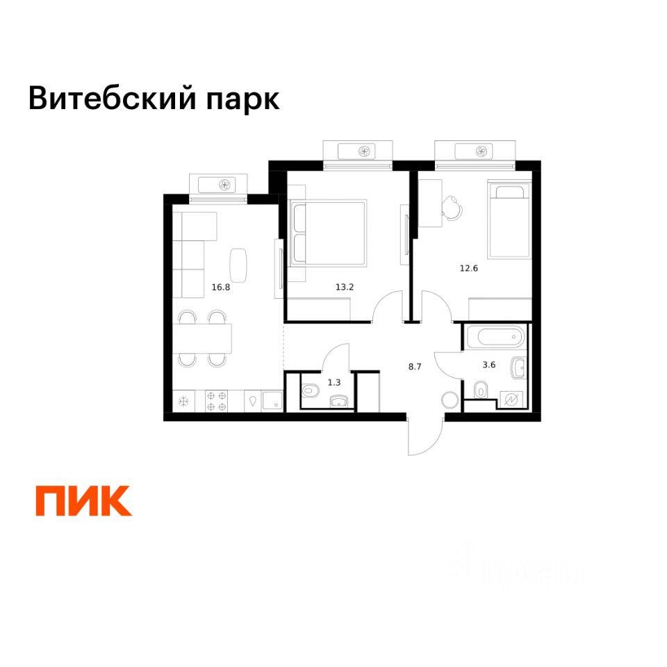 2-комн. квартира, 56,2 м², в ЖК Витебский парк