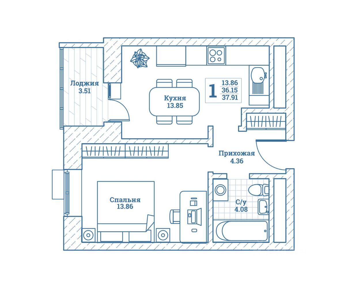 1-комн. квартира, 38,1 м², в ЖК Новоград Монино