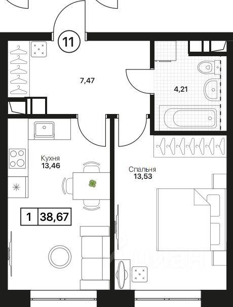 1-комн. квартира, 38,67 м², в ЖК Пушкино Град