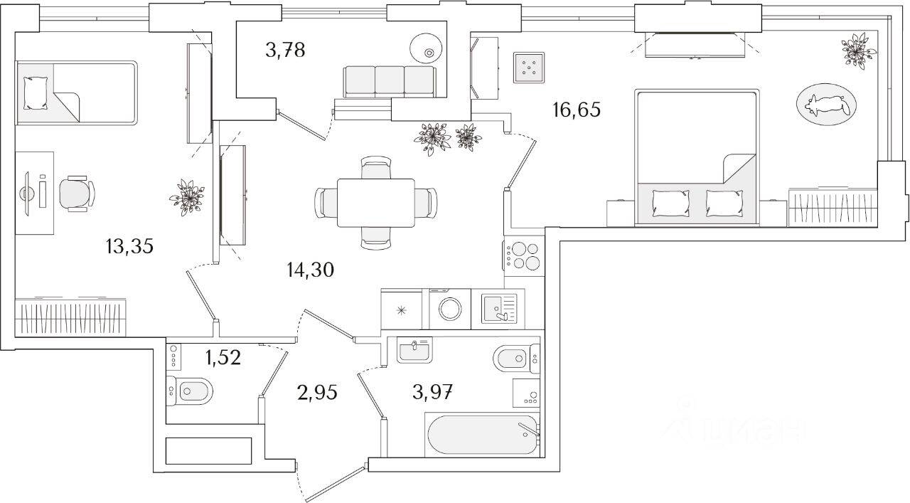 2-комн. квартира, 54,63 м², в ЖК «Гранат»