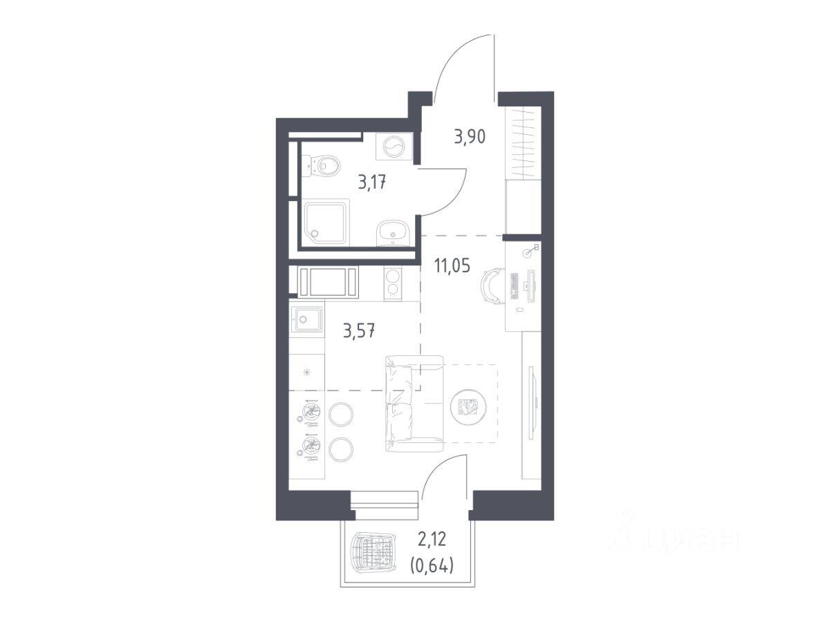 Планировка 1 комнатной квартиры, 22.33 м², в «Большое Путилково»