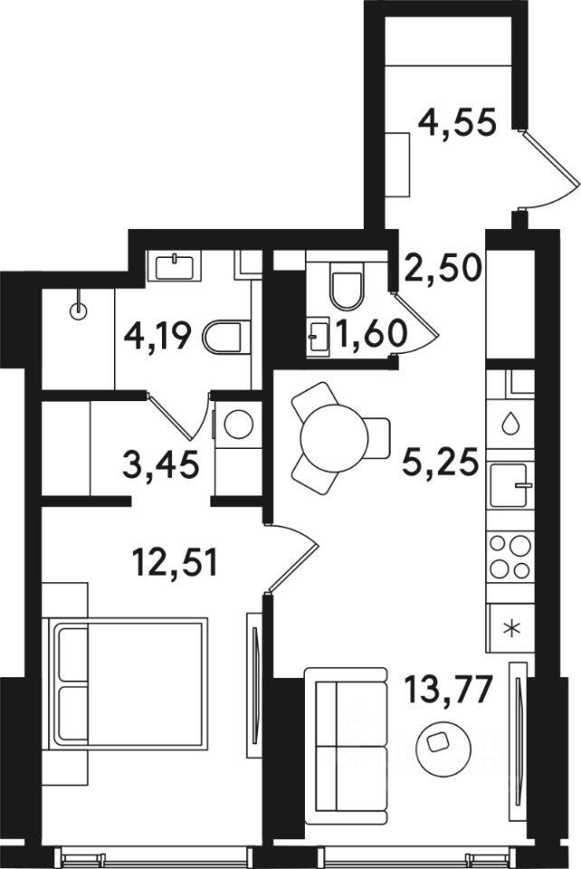 1-комн. квартира, 47,82 м², в ЖК «Солос»